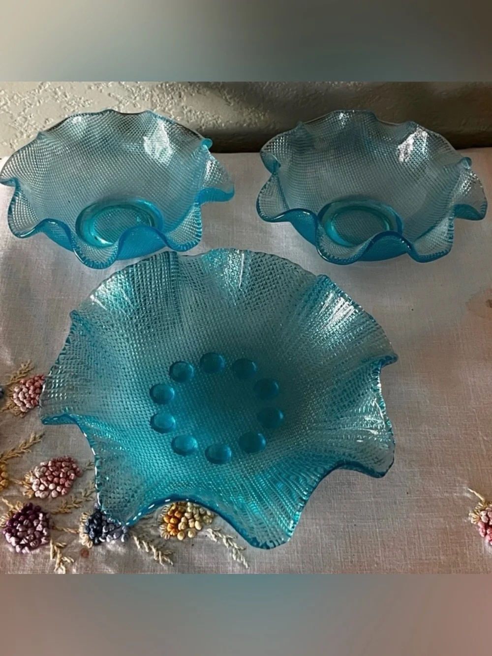 Vintage Italian Colony Waffle Ruffled Glass Dessert Bowls 1960s - Blue